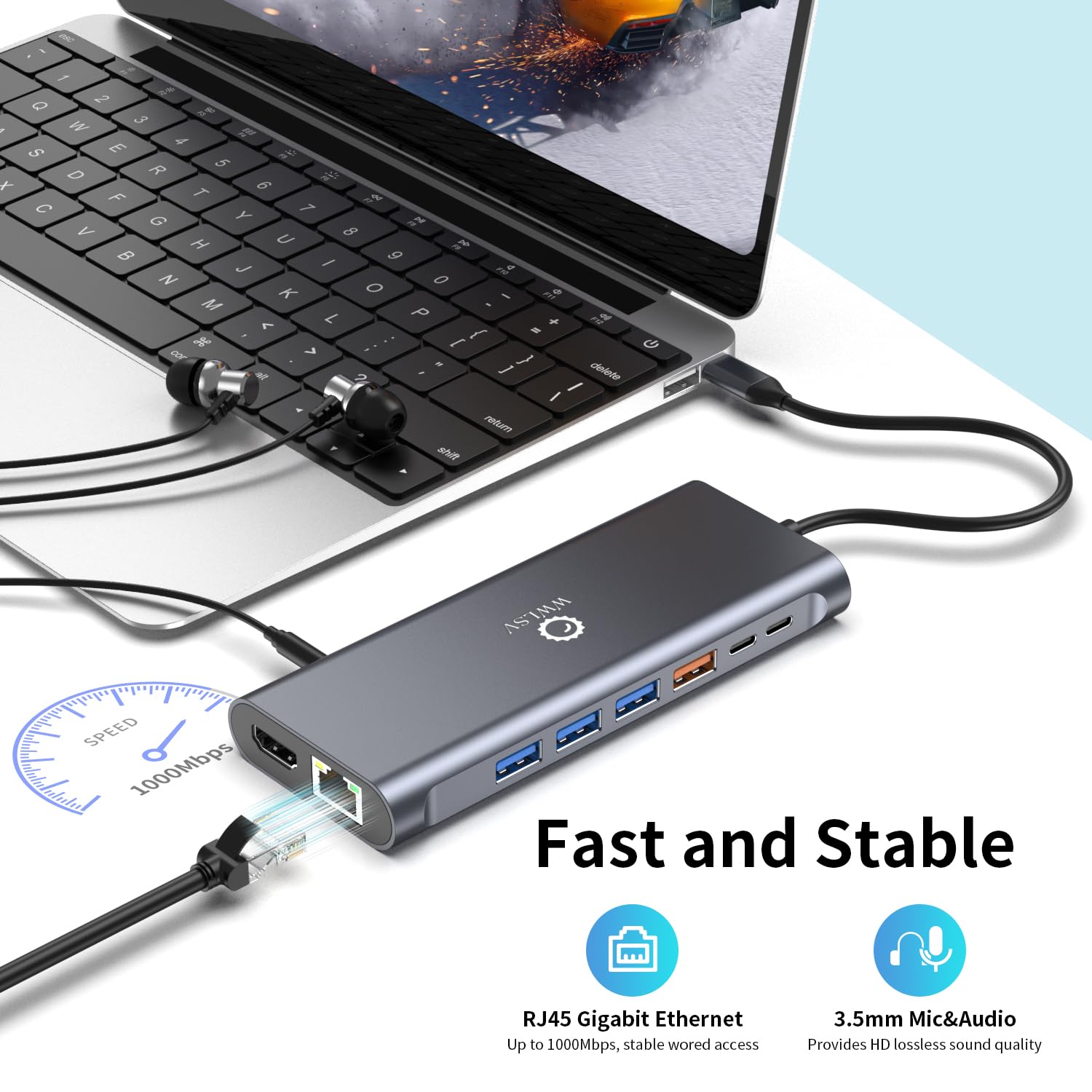 Stacja dokująca USB C, podwójny monitor, stacja dokująca do laptopa 14 w 1, 3 monitory z 2 HDMI 4K, Displayport, Ethernet, USB C/A 3.1, 100 W PD, SD/TF, 3.5 Audio/mikrofon