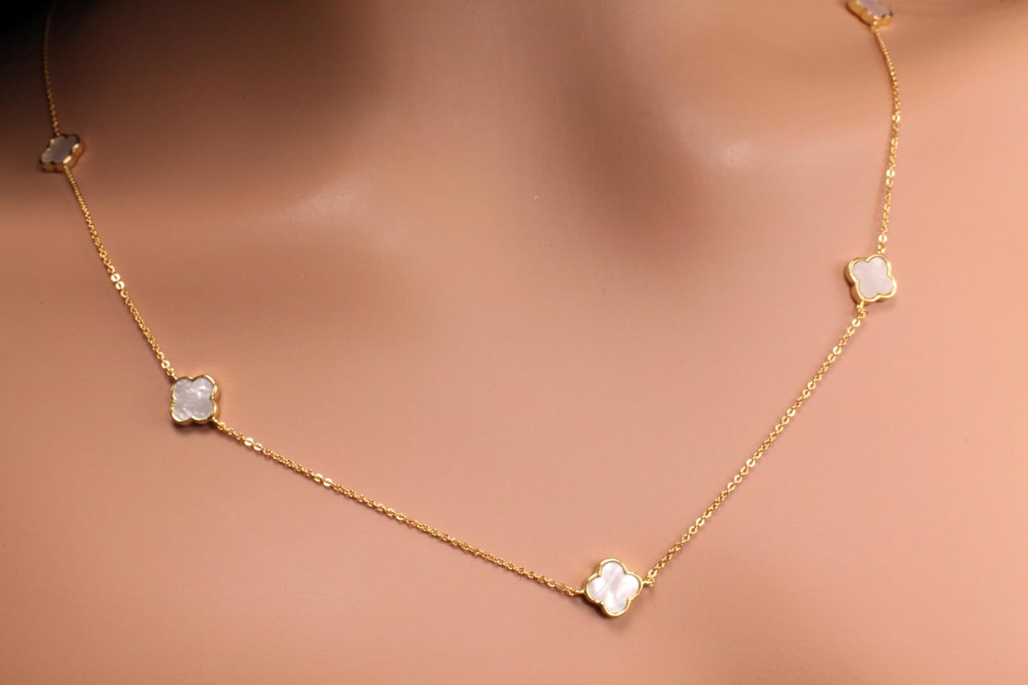 14K Gold Vermeil White Mother of Pearl Double Sided Clover Charm 8.5mm long necklace, lucky charm 7 pcs 30” MOP necklace