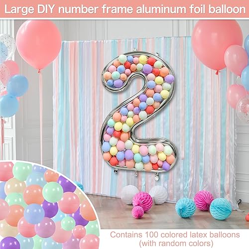 Miniatura 3 de Juego de 101 marcos de globos de números grandes, incluye 1 marco de globos de Mylar plateado de 65 pulgadas, 100 globos de macarrón, ideal para