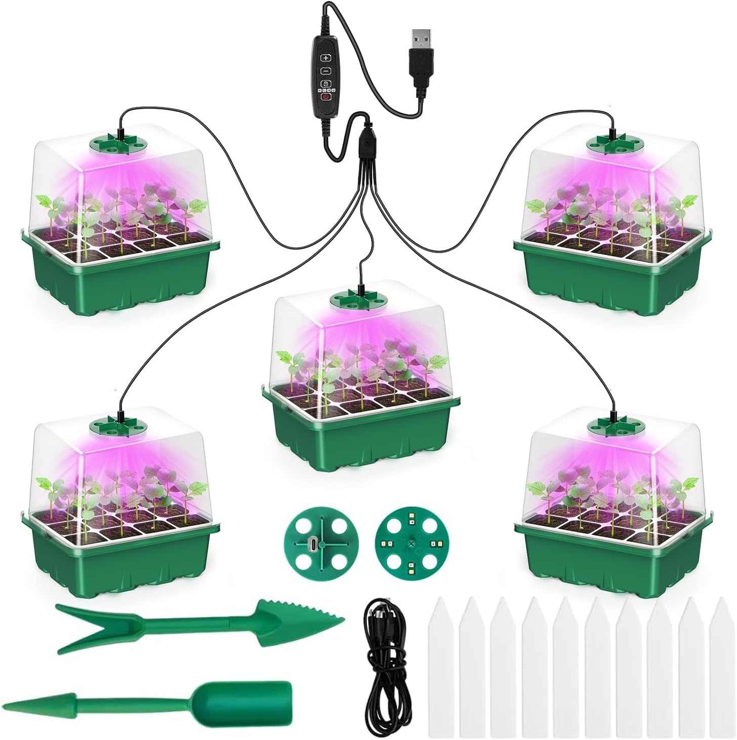 5PCS Seed Starter Tray with Grow Light 8 LEDs Seed Starter Kit with Humidity Dome,Covers Height 8.5cm, 12 Cells per Tray Indoor Gardening Plant Germination Trays 1.5 Meters Timing Controller