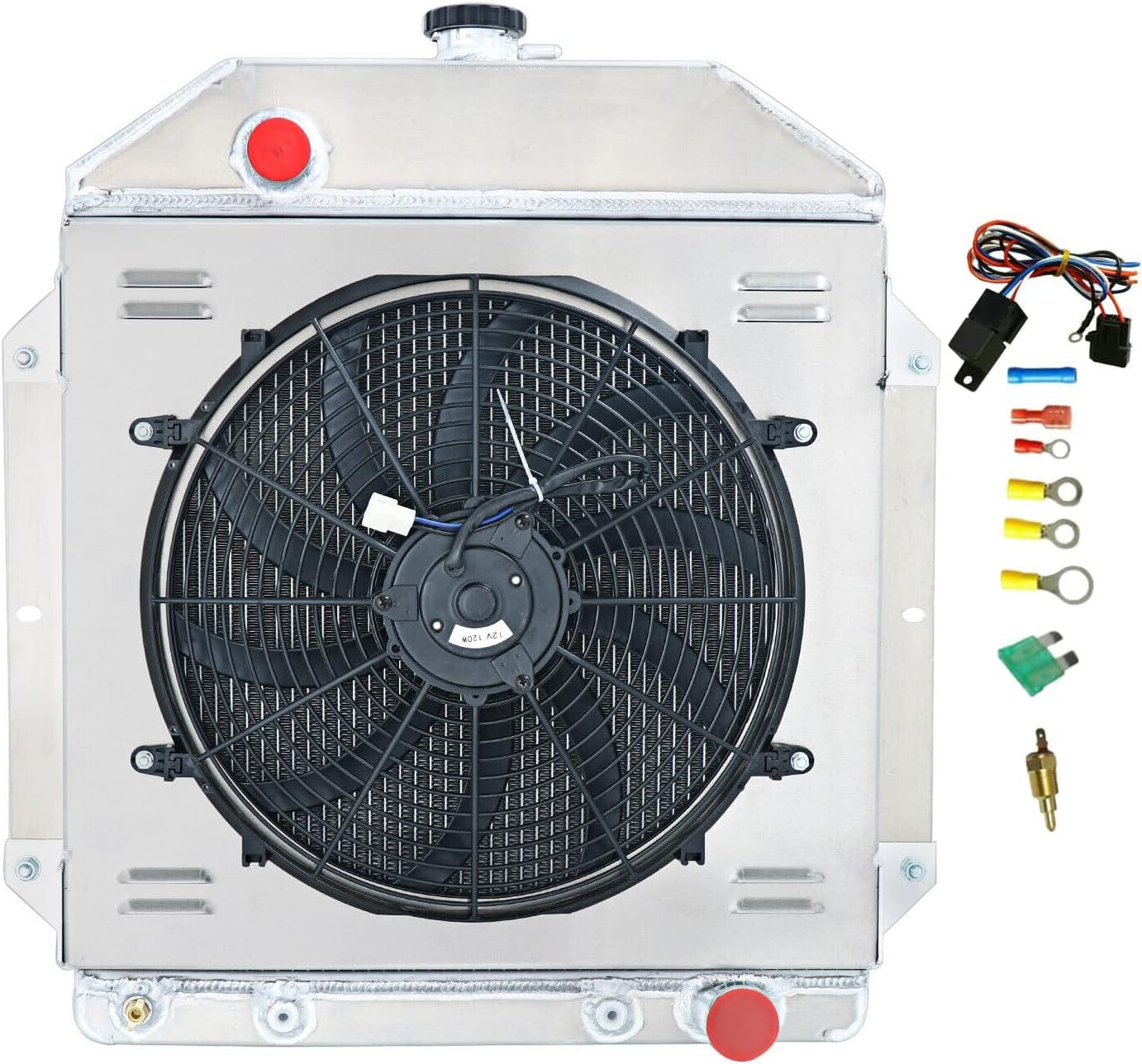 Aluminum Radiator for 1949-1953 1950 1951 1952 Ford Country Squire Sedan Chevy Engine 3.5 4.2 3.7 3 Row Radiators with Electric Fan Shroud Thermostat Kit 49 50 51 52 53