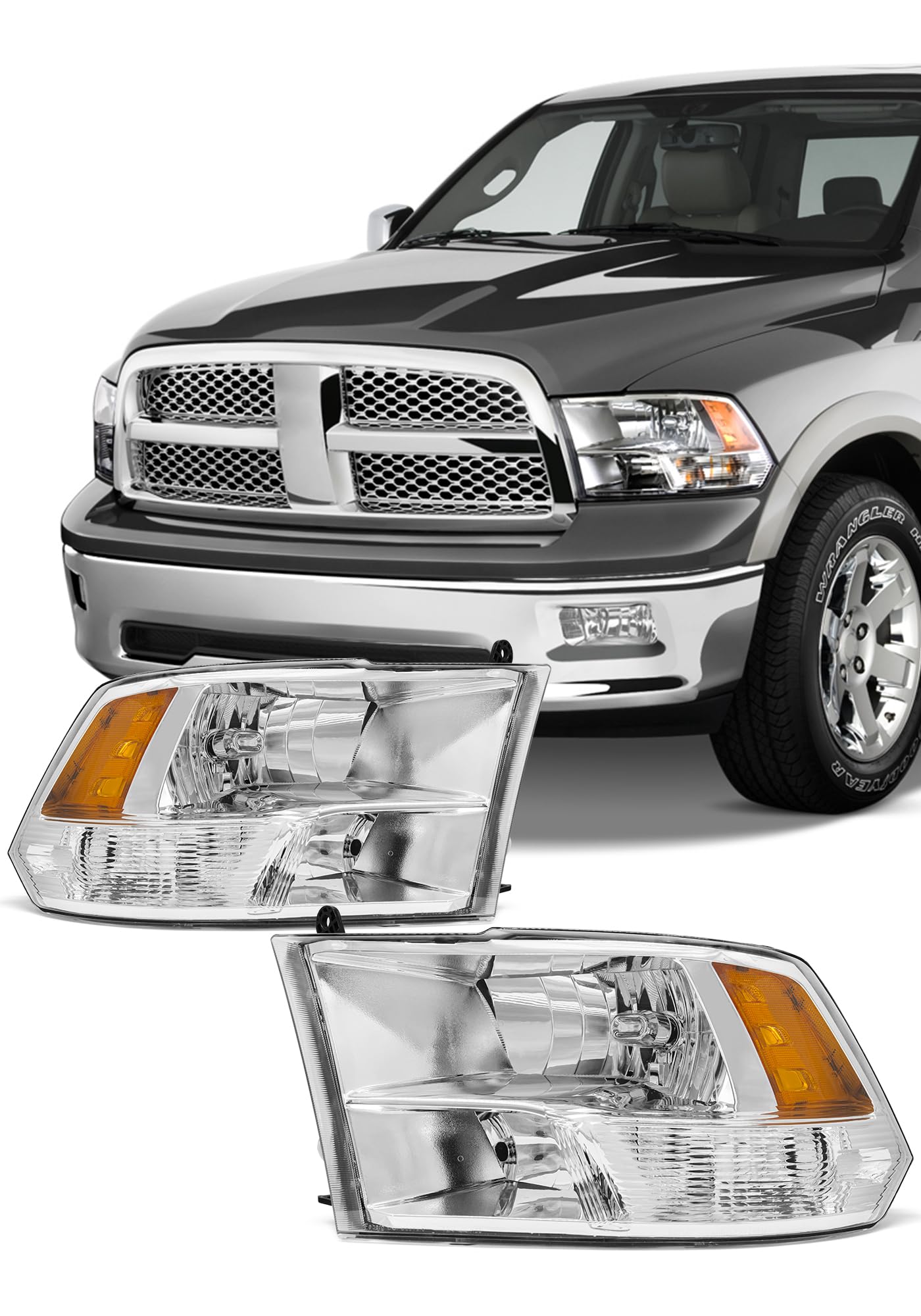 2009-2018 dodge ram headlights assembly for 2009-2018 dodge ram 1500, 2010-2018 dodge ram 2500/3500 chrome housing amber reflector driver and passenger side