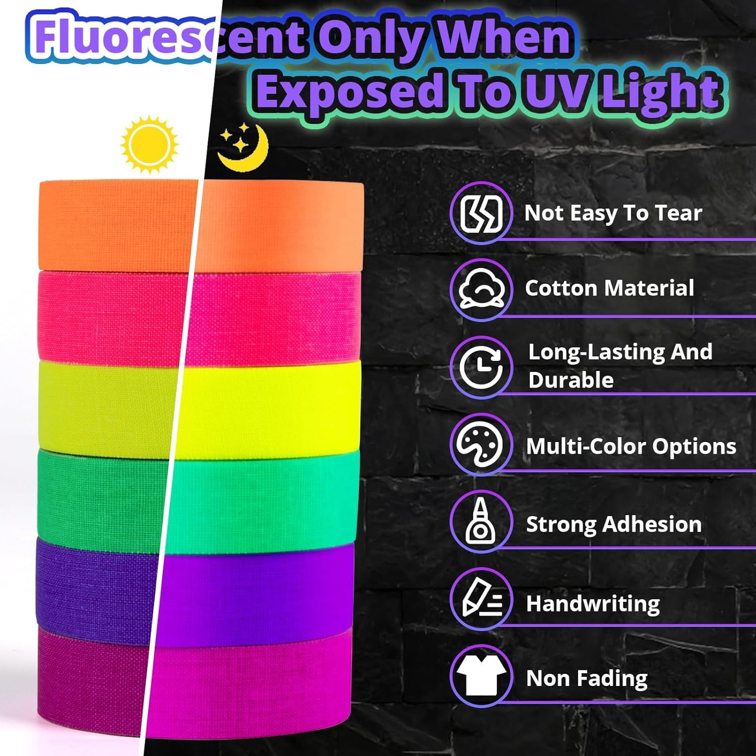 6 Colors Neon Gaffer Cloth Tape Fluorescent Rainbow Color UV Blacklight Tape Neon Duct ReflectiveTape for UV Party Theatres Staged Dark Areas