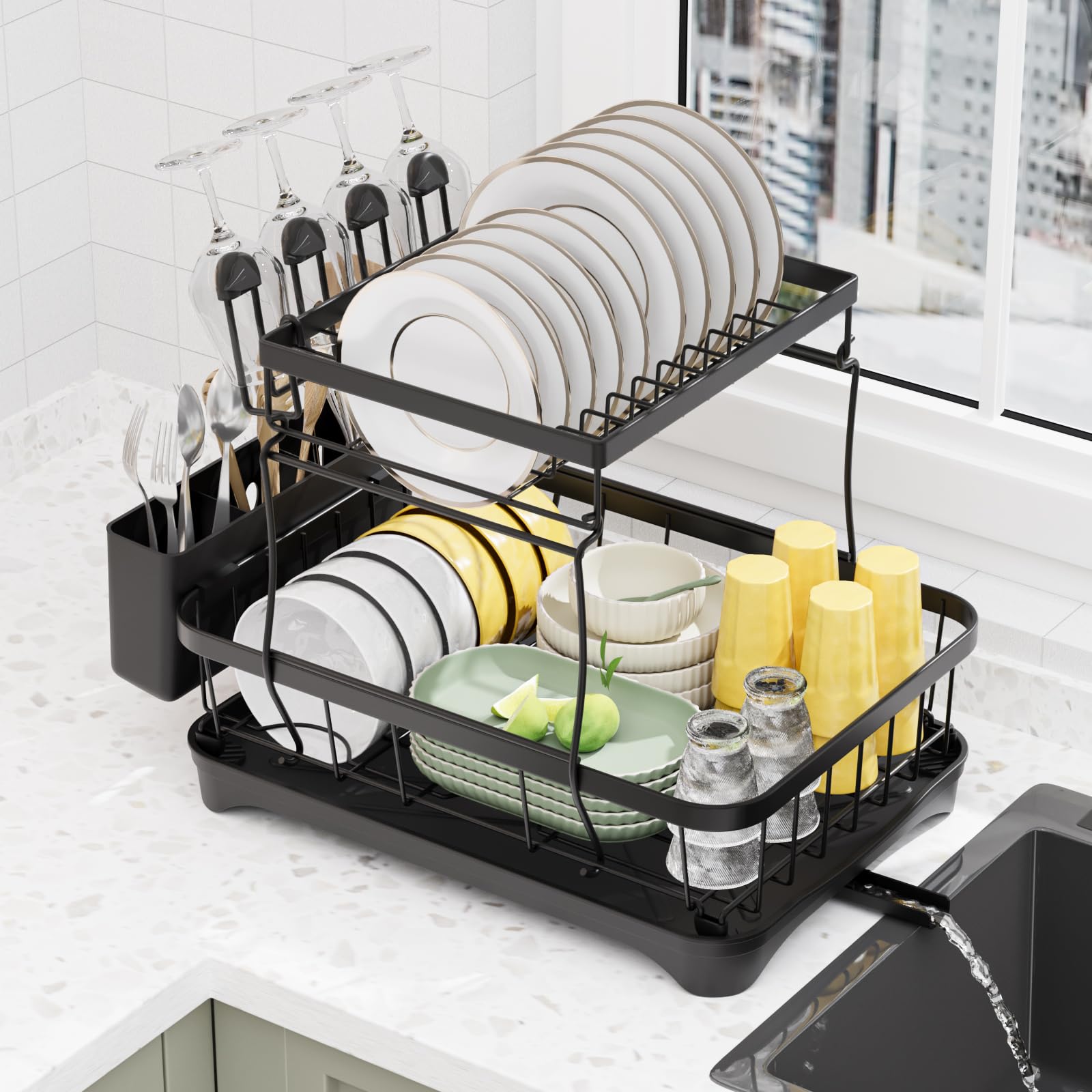 liyi dish drying rack,large dish rack for kitchen counter,2-tier dish racks with draining tray,detachable capacity dish drainer organizer,black