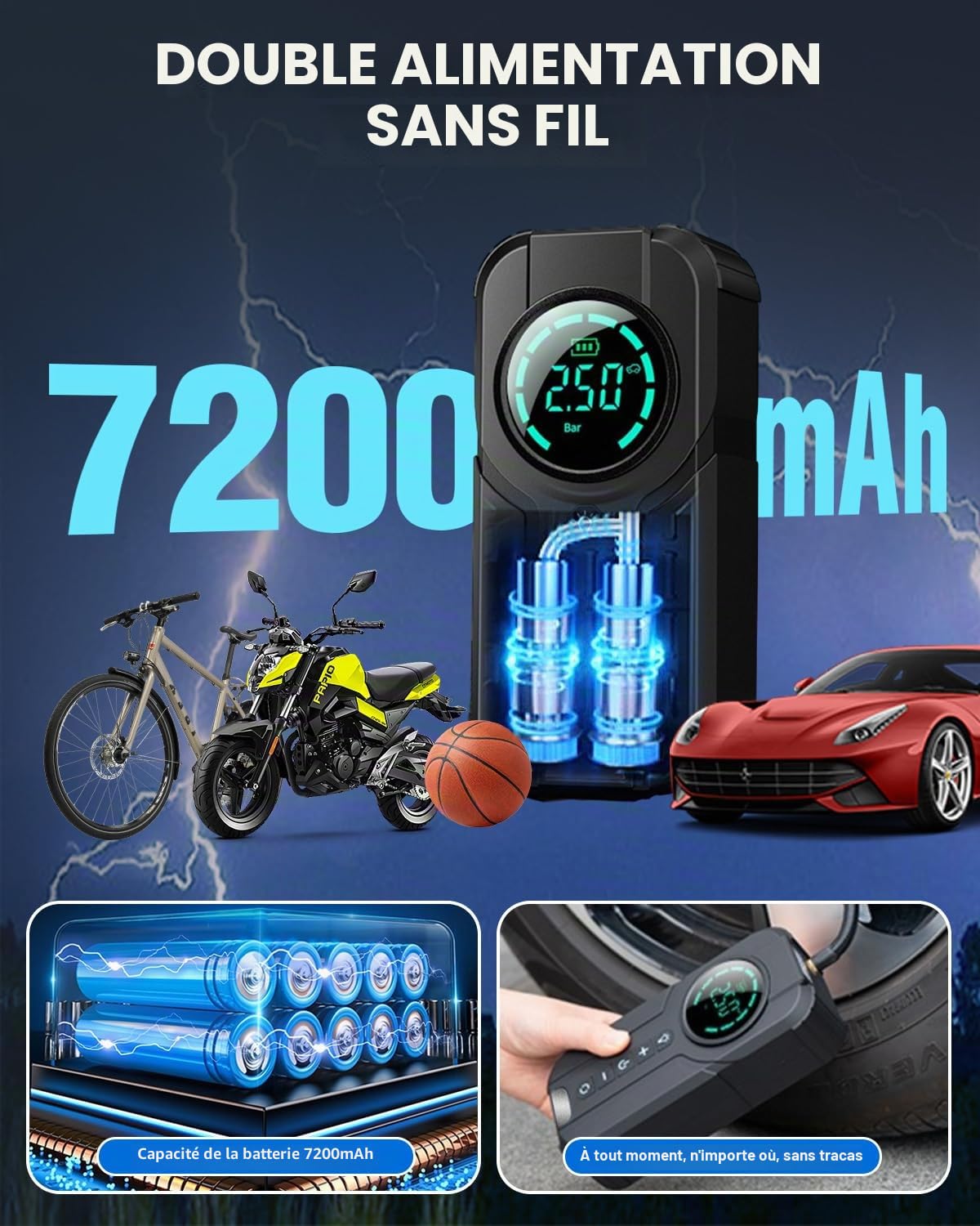 VICKSONGS Gonfleur Electrique Pneu Portatif, 7200mAH 180Psi Pompe Électrique Voiture,Vélo,Moto, Mini Compresseur à Air Portatif, Rechargeable Pompe a Air Electrique