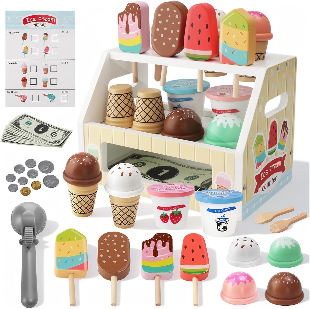 Eisdiele Kinder Holz,Mini Kinders Eisdiele aus Holz,Kinderküche Kaufläden,Einkaufsladen Zubehör,Eistheke Eisverkauf Kaufmannsladen Zubehör Holzs Geschenk Mädchen 3 4 5 6 Jahren