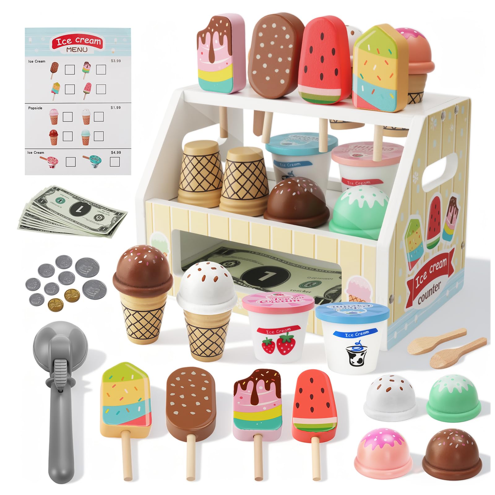 Gelateria Giocattolo per Bambini,Mini Giocattolo per Gelato in Legno,Montessori Gioco di Ruolo Educativo Regalo,Gelateria Giocattoli in Legno per Bambini da 3 4 5 6 Anni Ragazzi Ragazze