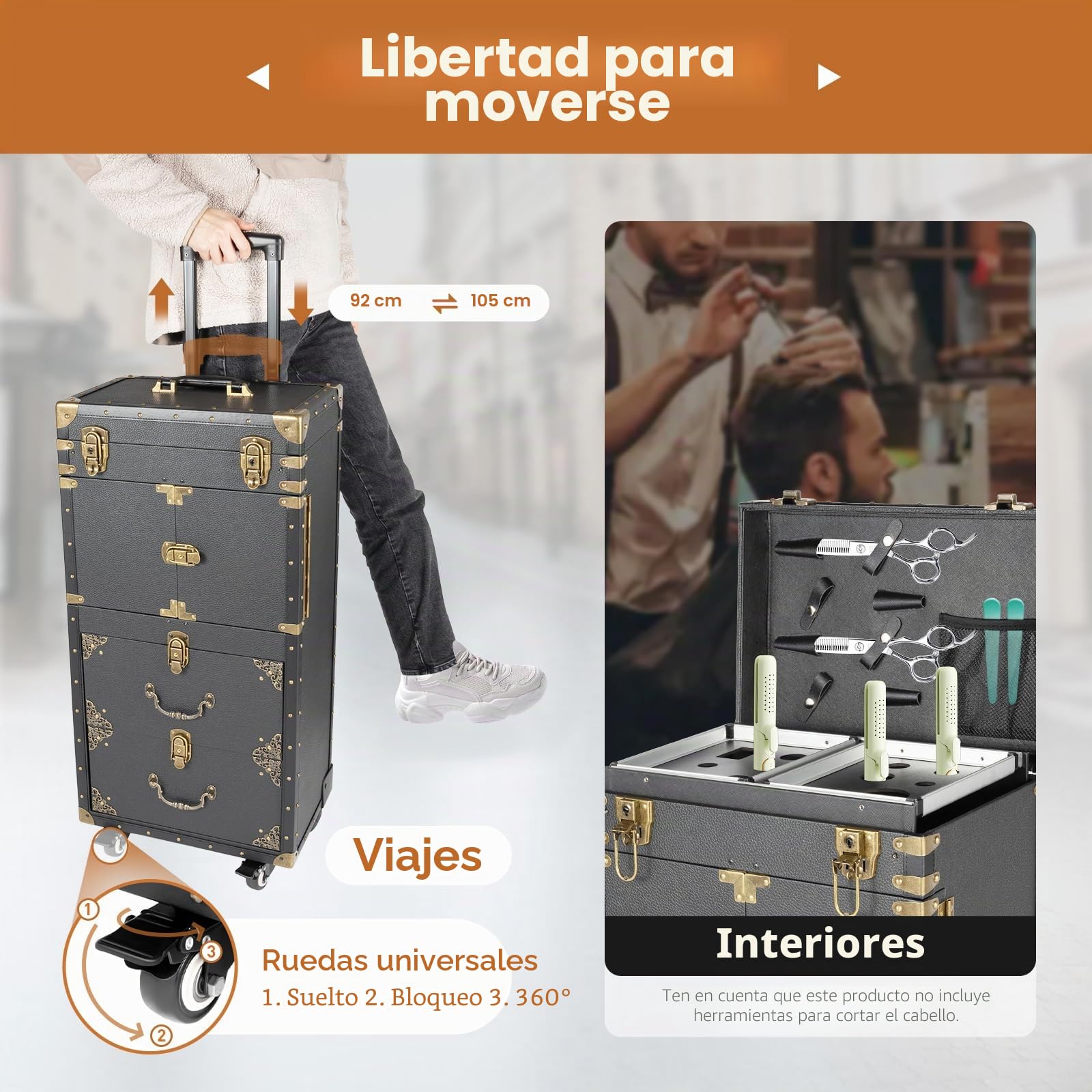 Maleta de peluquería con ruedas, maletín de maquillaje grande con bloqueo de contraseña, maletín de belleza de aluminio, 39 x 26 x 82 cm, maletín profesional de peluquería, maletín de maquillaje con
