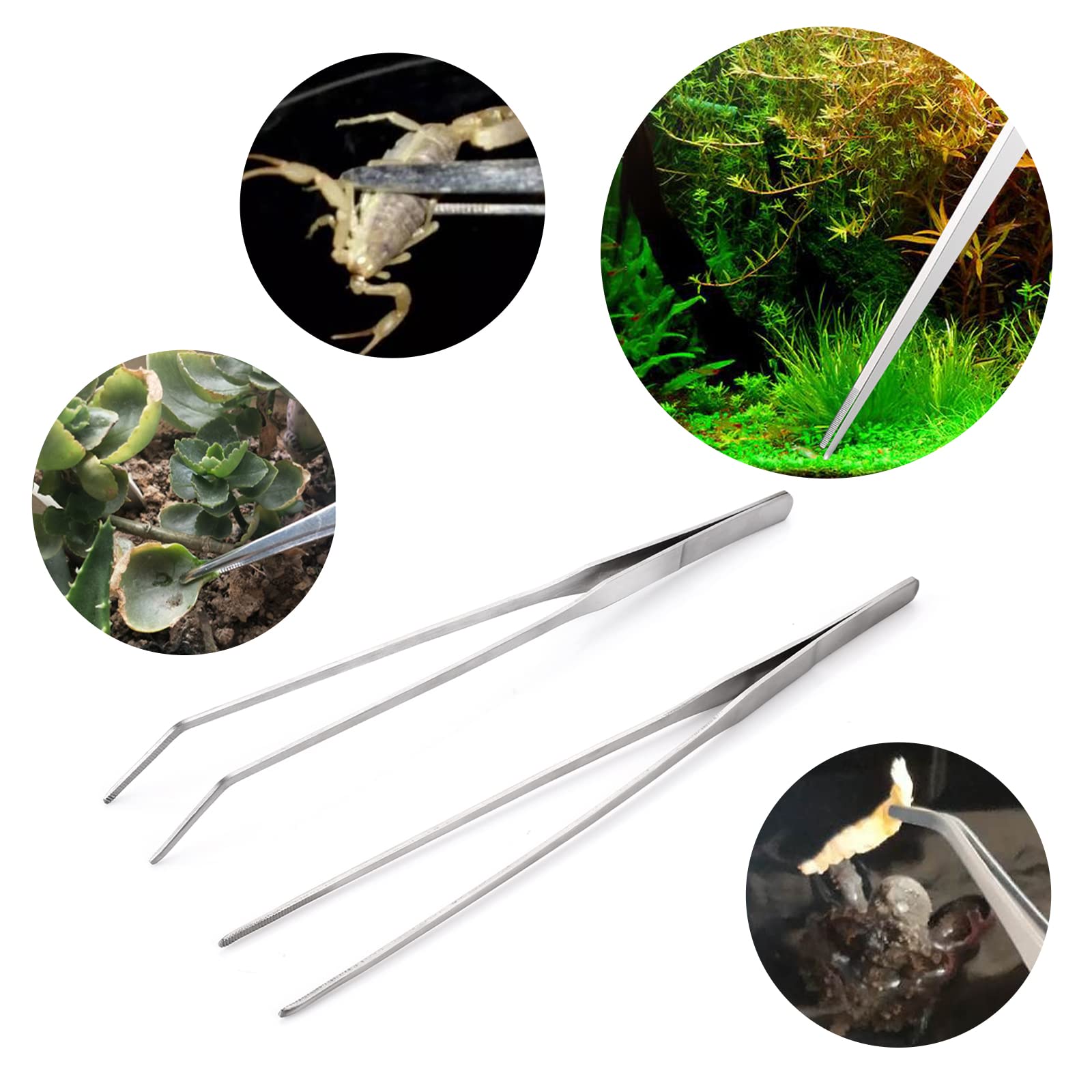 cobee Set di pinzette per acquari con sacchetto di flanella, 2 pinzette dritte e curve in acciaio inossidabile Acquario Terrario Aquascape per piante da acquario Strumenti di Aquascape(27cm)
