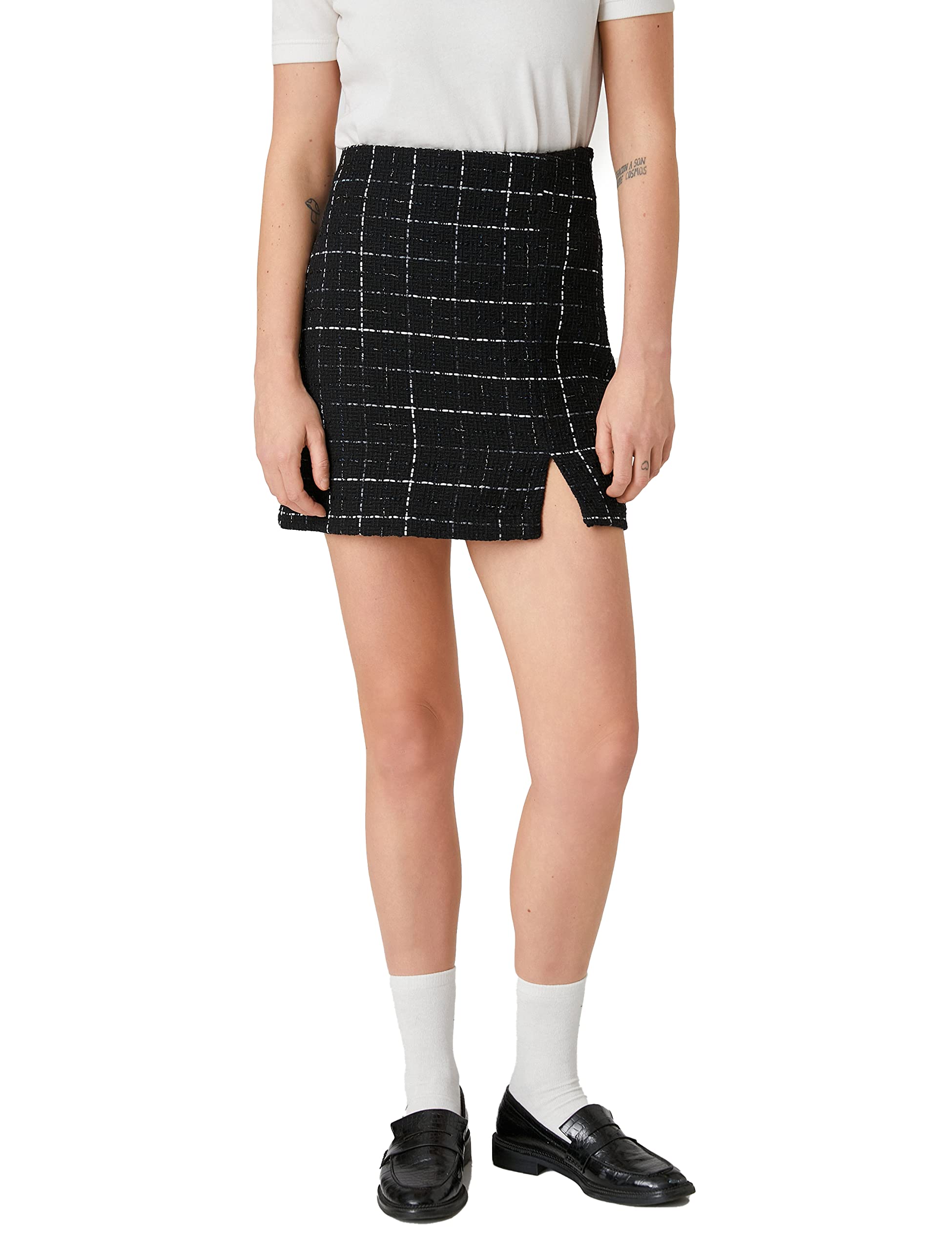 Koton Women's Tweed Mini Skirt Slit Detail Skirt, Black Check (9C9),