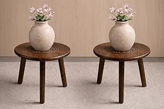 JAL HANDICRAFTS Wooden Three Legs Round Coffee Table and Side Table with Pillars for Plant Holder Natural Plants, Books, a... Price In India
