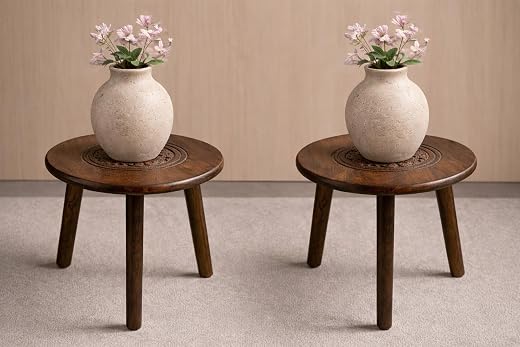JAL HANDICRAFTS Wooden Three Legs Round Coffee Table and Side Table with Pillars for Plant Holder Natural Plants, Books, a...
