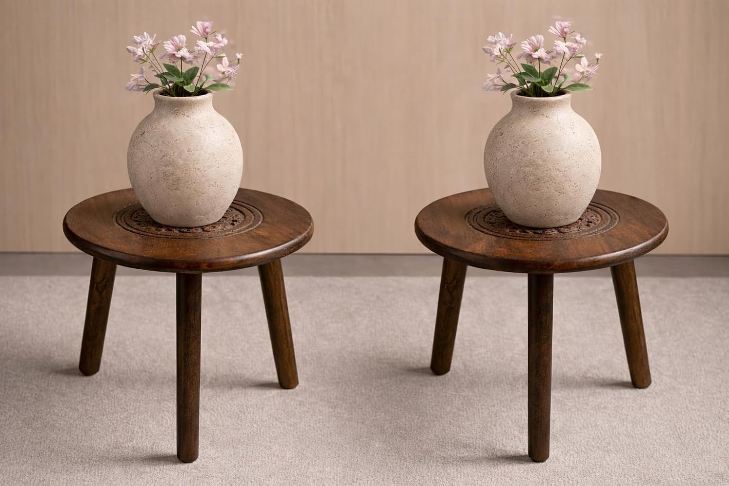 JAL HANDICRAFTS Wooden Three Legs Round Coffee Table and Side Table with Pillars for Plant Holder Natural Plants, Books, a...