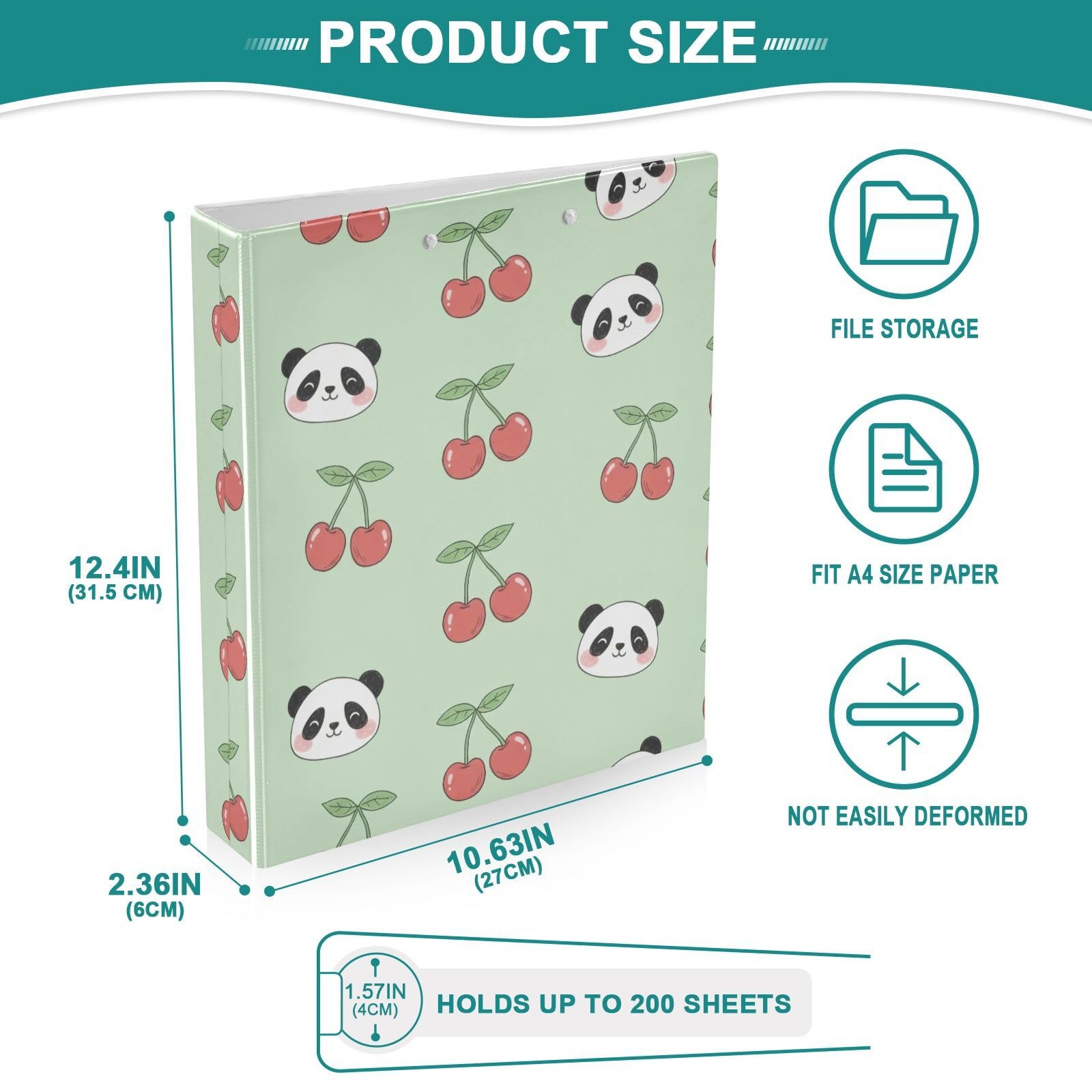 Carpeta de 3 anillas, lindo panda rojo cerezas pastel carpeta de anillos D, paquete de 2 | Con portapapeles y bolsillos, para escuela, universidad, oficina