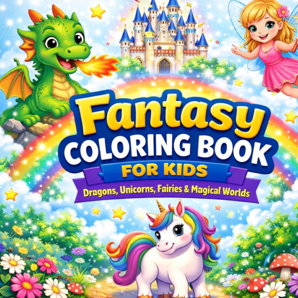 Fantasy Coloring Book for Kids: Dragons, Unicorns, Fairies & Magical Worlds