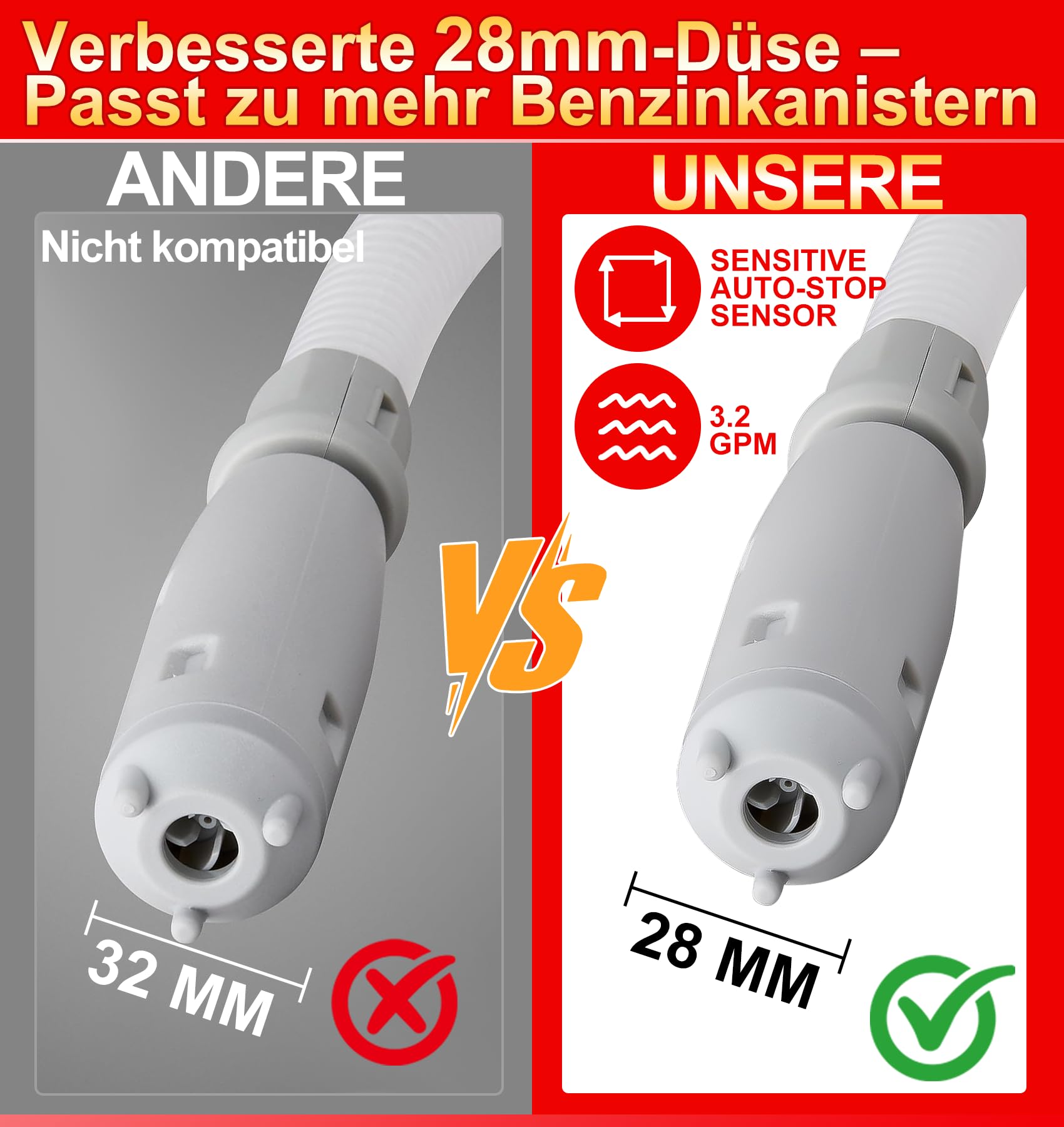 Kraftstoffpumpe mit Auto-Stopp-Sensor, 3.2GPM(12L/min) Dieselpumpe & Benzinpumpe für Kanister, Öl und Wasser – Mit flexiblem Schlauch für Traktor, Generator, Rasenmäher mit 3 Adaptergrößen (12L/min)