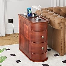 ROOMTEC Solid Wood End Table with Charging Station,Narrow Side Table with USB Ports and Outlets,No Assembly,Slim Chair Side Table,Narrow Sofa Side Table for Living Room Bedroom