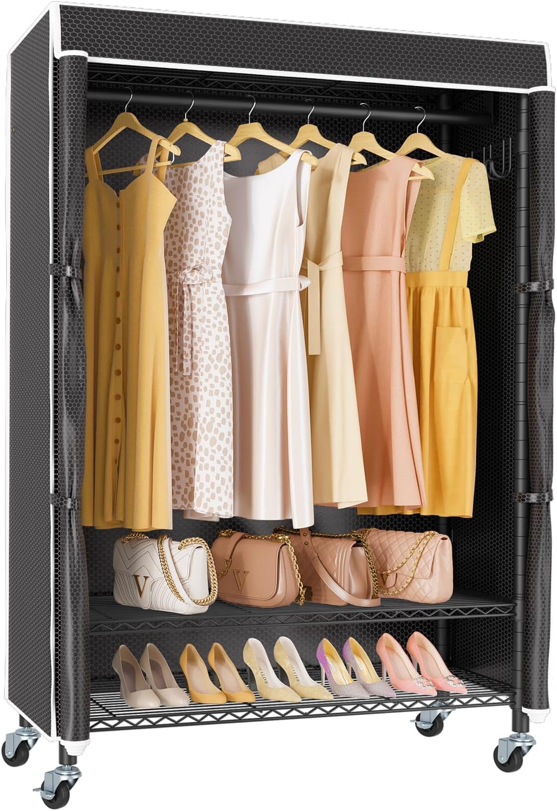 VIPEK R3C Rolling Clothes Rack with Cover Portable Closet for Hanging Clothes, Heavy Duty Garment Rack Freestanding Racks with Wheels&Side Hooks, Black Rack with Black Upgraded Polyester Cover