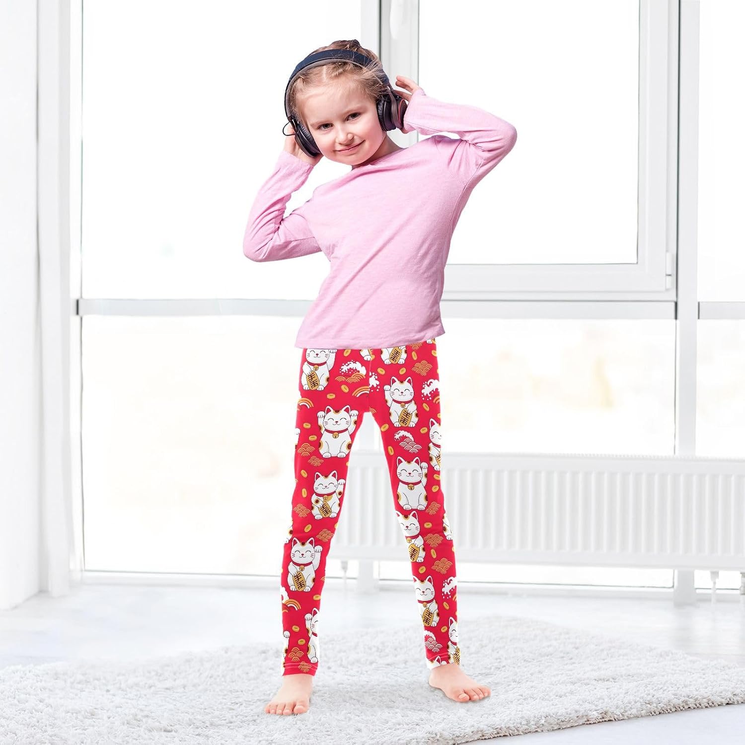 Stretch Leggings for Girls Cute Cat Red