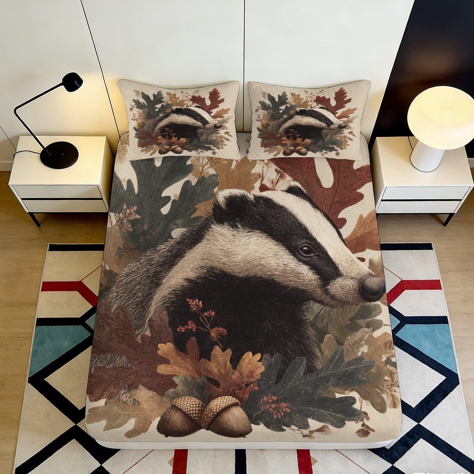 3D Printed Badger Forest Fitted Sheet Microfiber Soft Autumn Leaves Bed Cover for Bedroom Dorm Mattress Decor 119 90x200x25cm
