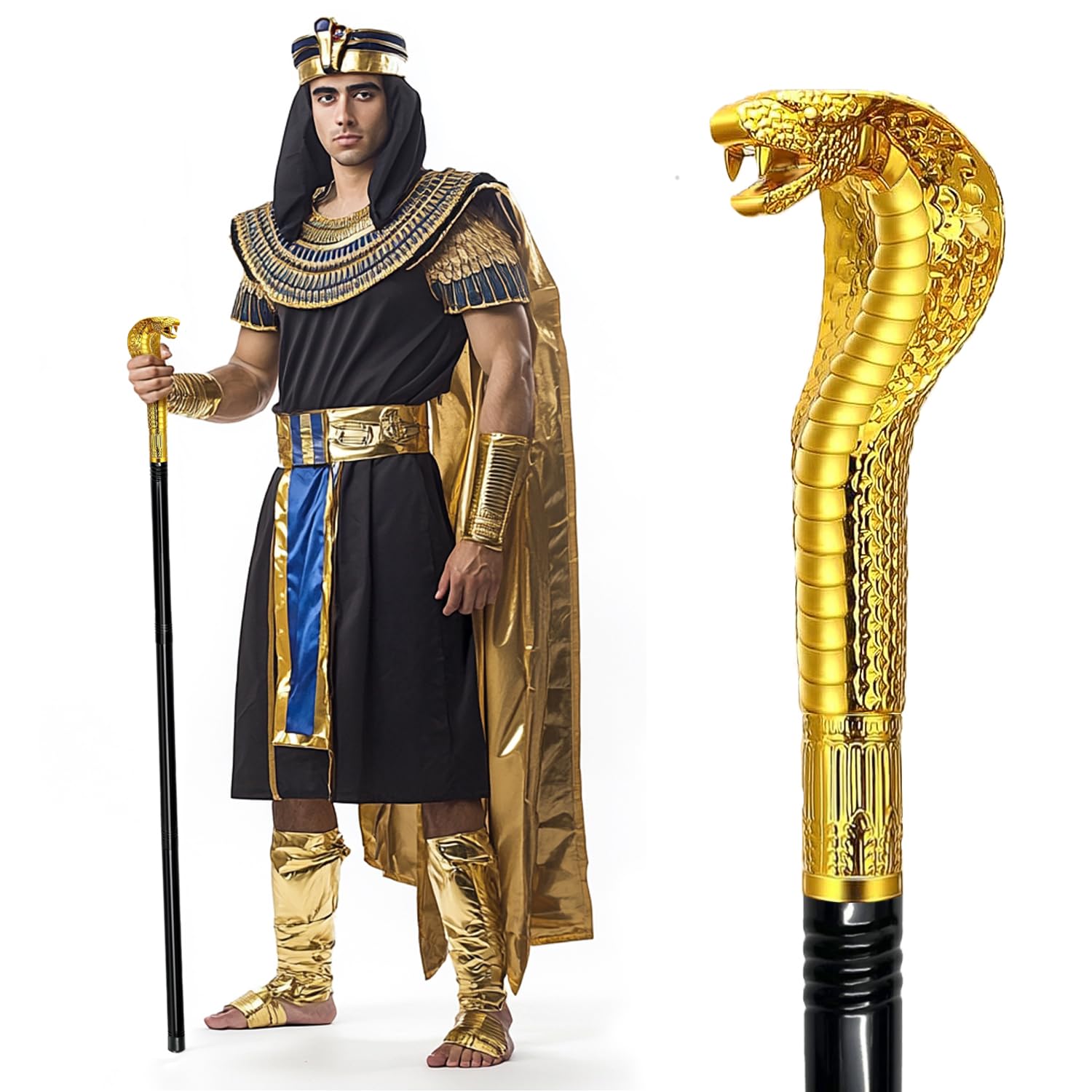 GAGIFT WORLD Metal Rod with Snake Plastic Handle Egyptian Rod for Pharaoh Cleopatra Costume Fascinating Cosplay Prop for Halloween (Vintage Gold)