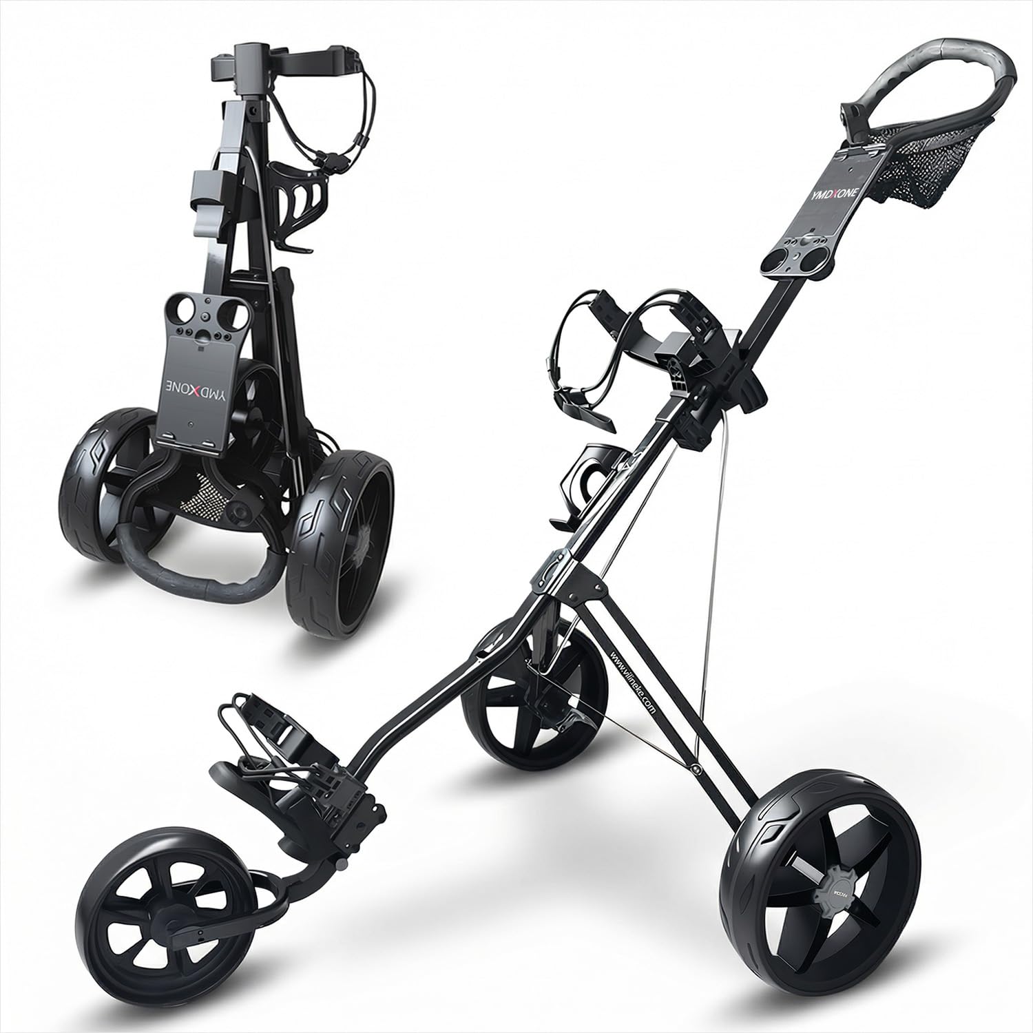 3 Rad Golf Trolley mit verstellbarem Griff: Klappbares Design, Netzaufbewahrungstasche, leichter Handwagen mit Halterung für Scorecard und Flasche. Kompakt für einfache Lagerung und Transport
