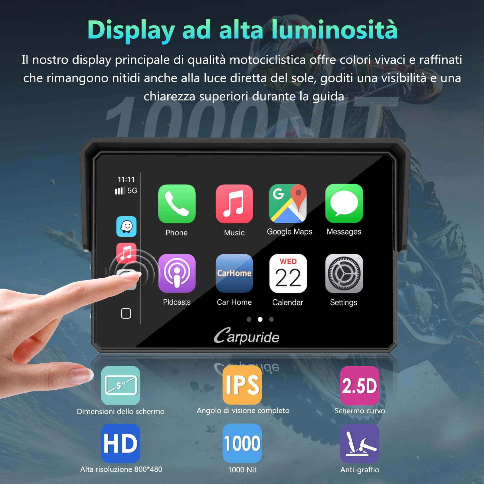 CARPURIDE W502BS Pro per Moto BMW CarPlay e Android Auto, Doppio Bluetooth, Schermo di Navigazione Impermeabile da 5 Pollici, Lettura dati, Native Wonder, TPMS, Sensore di luce, Condivisione di Musica