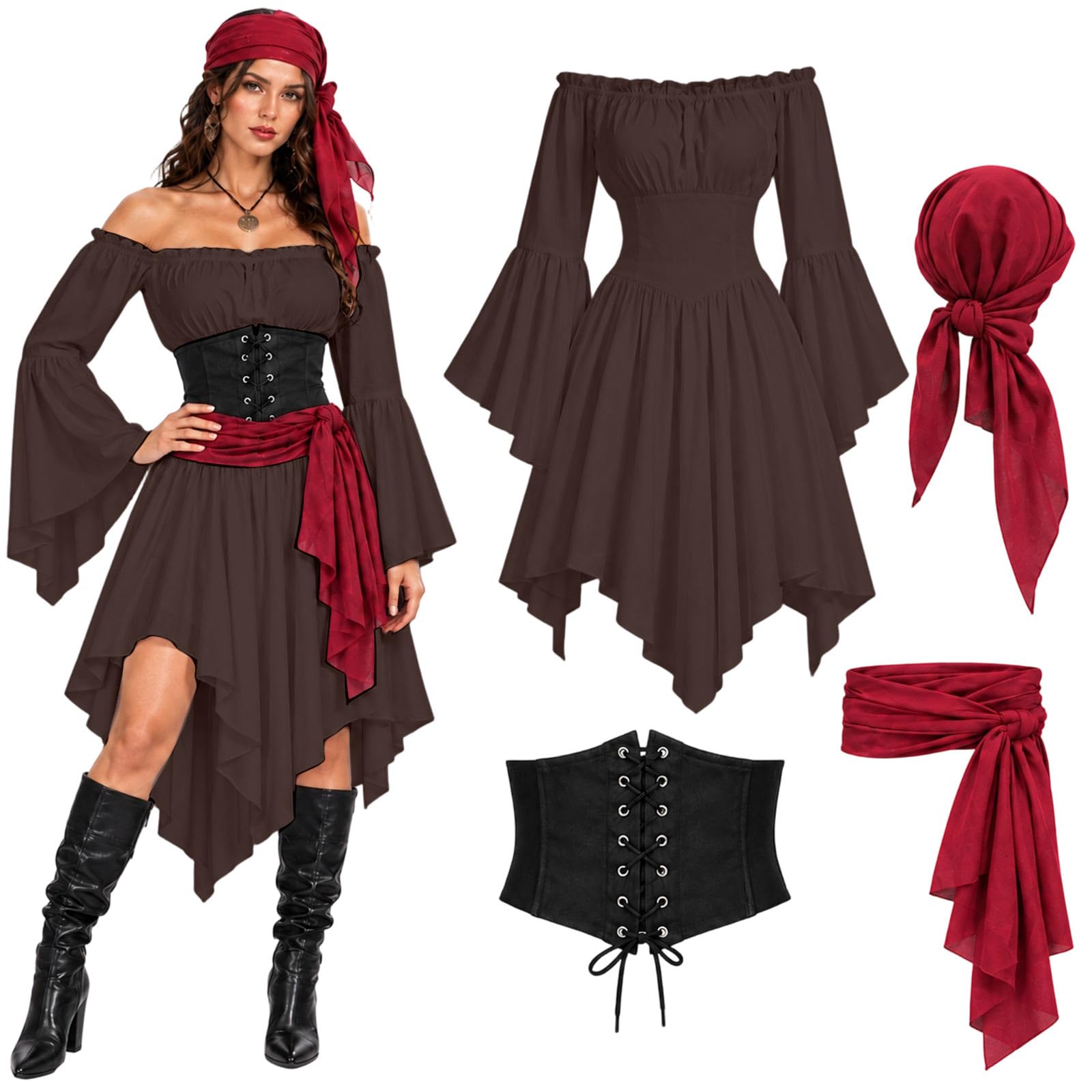 Pirate Costume Women 4 PCS Fancy Dress for Adults Halloween Costumes for Women Medieval Costume Plus Size Womens Pirate Costumes Ladies Cosplay Medieval Dress Gothic Halloween Pirates Outfits Coffee — image 1