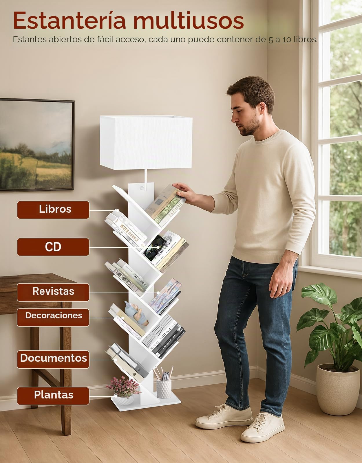 Estantería En Árbol con Luz, Estante De Esquina De 9 Niveles, con Mando A Distancia Y Temporizador, Mueble Estrecho De Madera para Libros, CDs, DVDs, Salón, Dormitorio, Oficina(Blanco)