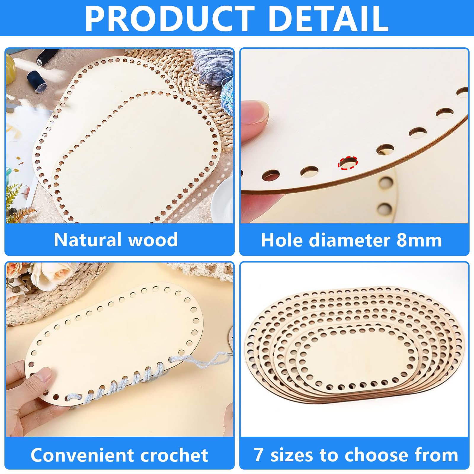 Lot De 7 Fonds De Panier Ovales En Bois Pour Crochet - DIY, Sacs, Rangement - 7 Tailles Différentes