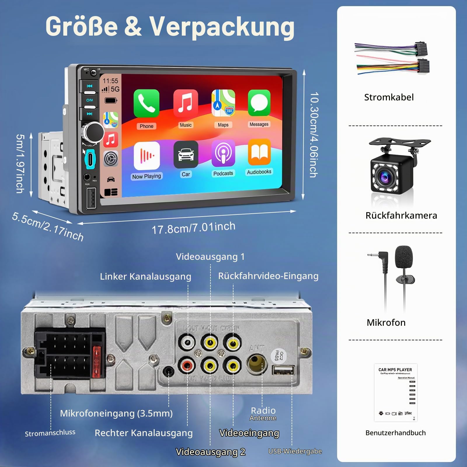 WERESOUND 1 DIN Autoradio mit Bildschirm - Wireless CarPlay & Android Auto