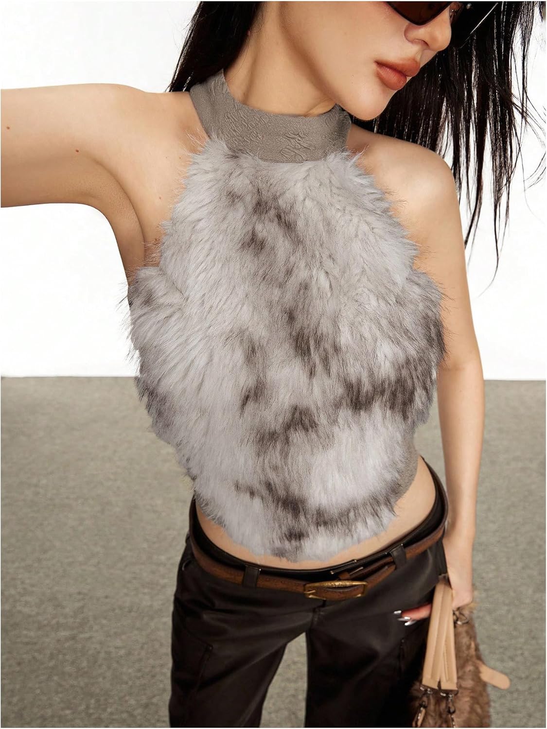 MakeMeChic Women's Faux Fur Halter Crop Tops Sleeveless Fitted Y2k Tank Clubwear - Image 2