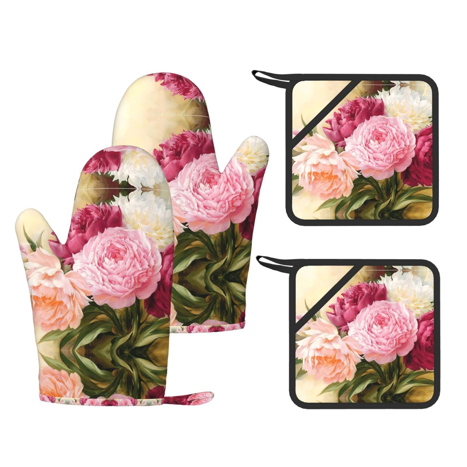 peony flowers blossom Printed Potholder and Oven Mitt Set of 4, High Heat Resistant Cooking Gloves for BBQ Grilling