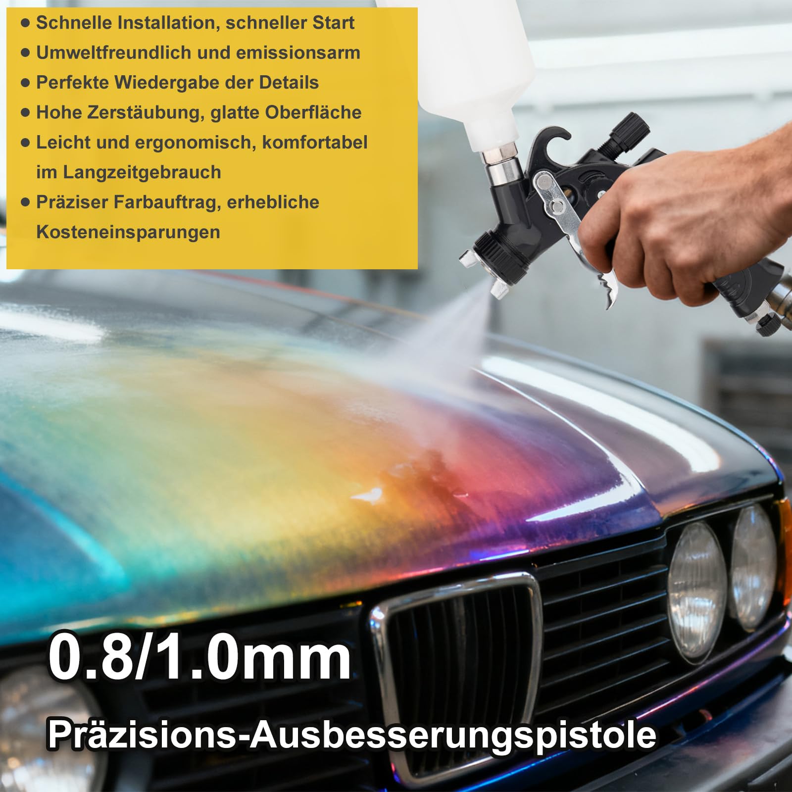 Mini pistolet pulvérisateur HVLP avec buses de 0,8/1,0 mm - Pistolet de peinture de voiture - Pistolet de peinture pour travaux de retouche - Pistolet de peinture pour peinture de voiture, apprêt
