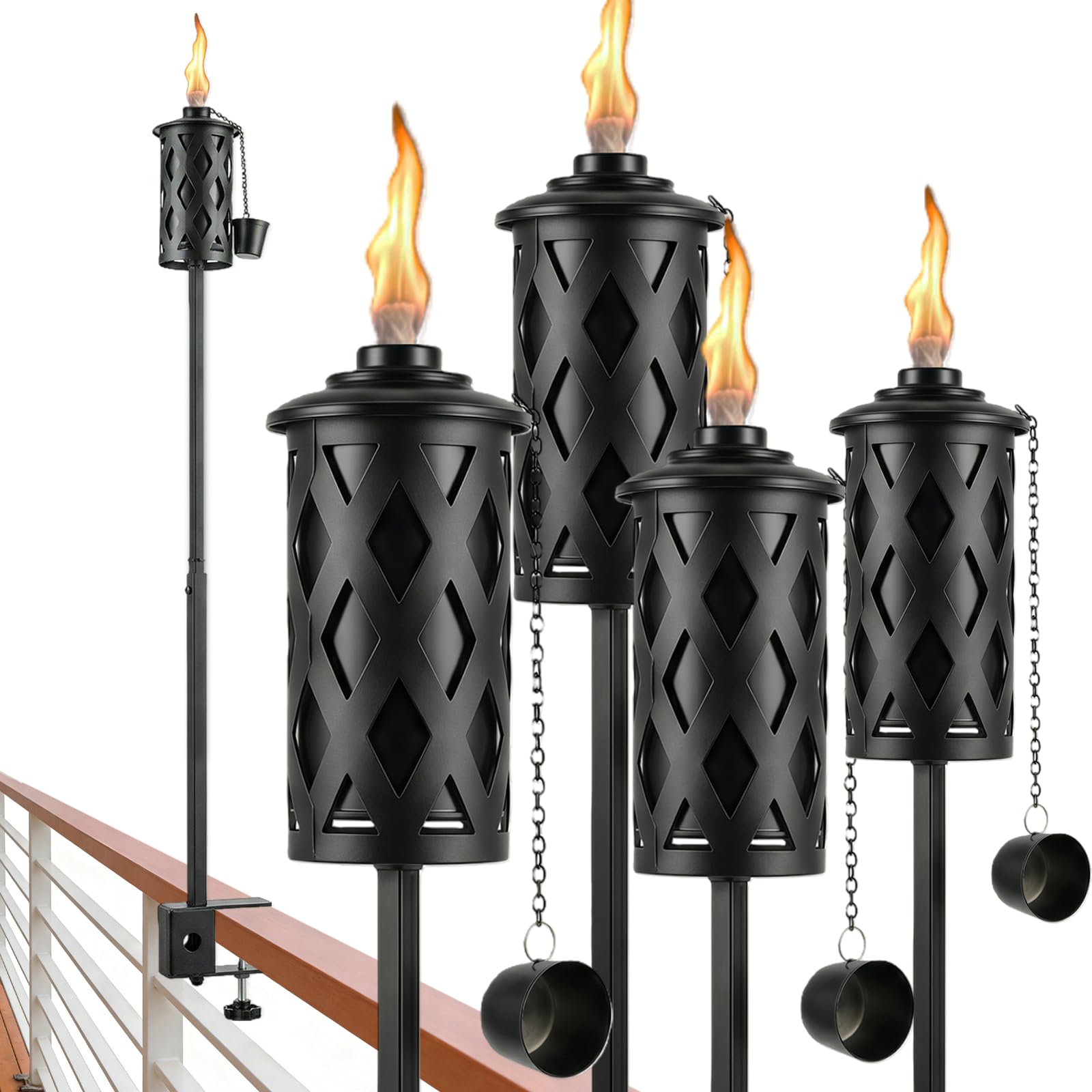 Lot de 4 torches de jardin avec pince universelle, 473,6 g, torches à la citronnelle, lampes de poche réglables en métal pour n'importe quel porche, cour, allée, jardin, clôture