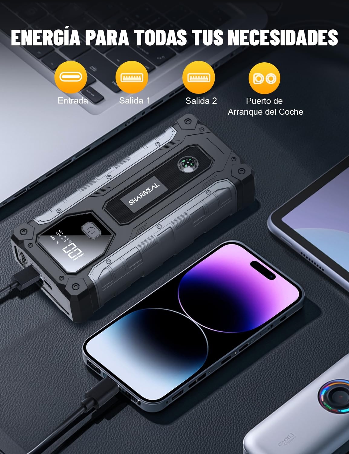 Arrancador de Coche, 10000A Arrancador de Baterías de Coche, 12V Arrancador de Portátil con para All Gasolina o 10L Diesel, Clips de Seguridad Inteligentes, Portable Jump Starter con Linterna LED
