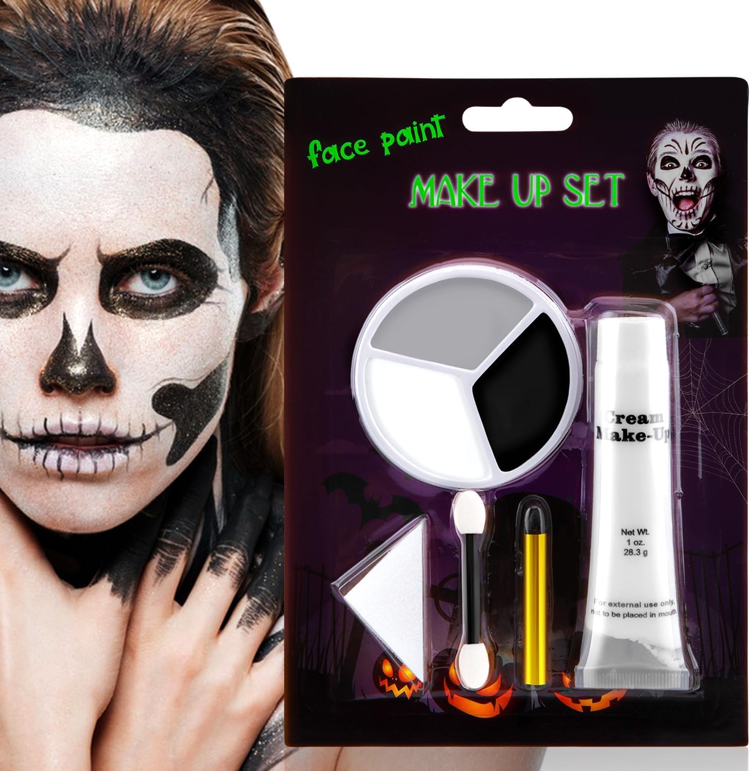 Grey Black White Face Paint + 1PC Sponge + Brush+ Black Stick+ White Cream. Face Painting Kit for Halloween Skeleton Skull, Clown Cosplay, SFX Special Effect and Theme Parties (01)