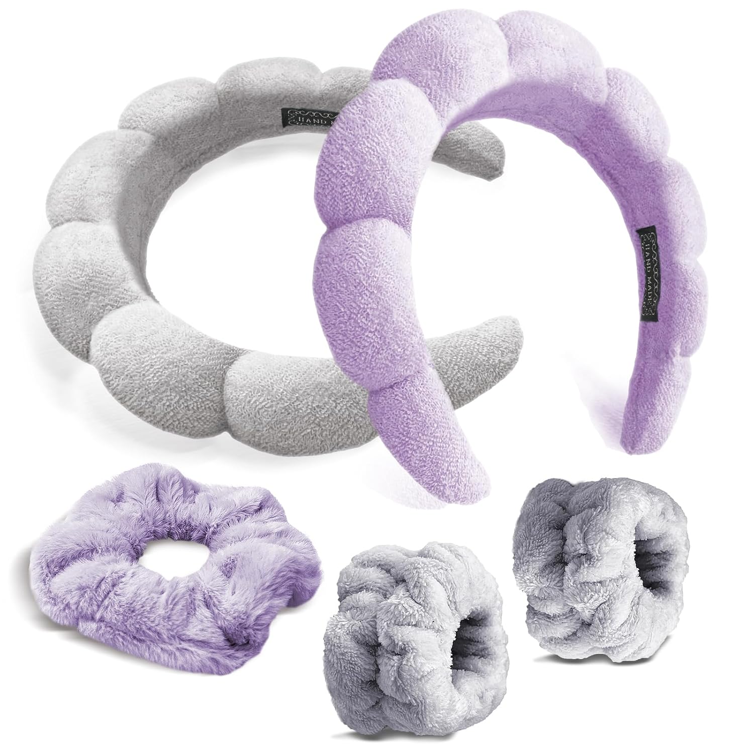 Spa Headband for Washing Face Wristband Scrunchie Set, 2PCS Makeup Skincare Bubble Headband 2PCS Absorbent Wrist Spa Washband and 1PCS Shower Scrunchie Combo Pack for Women Girl (Purple & Grey)