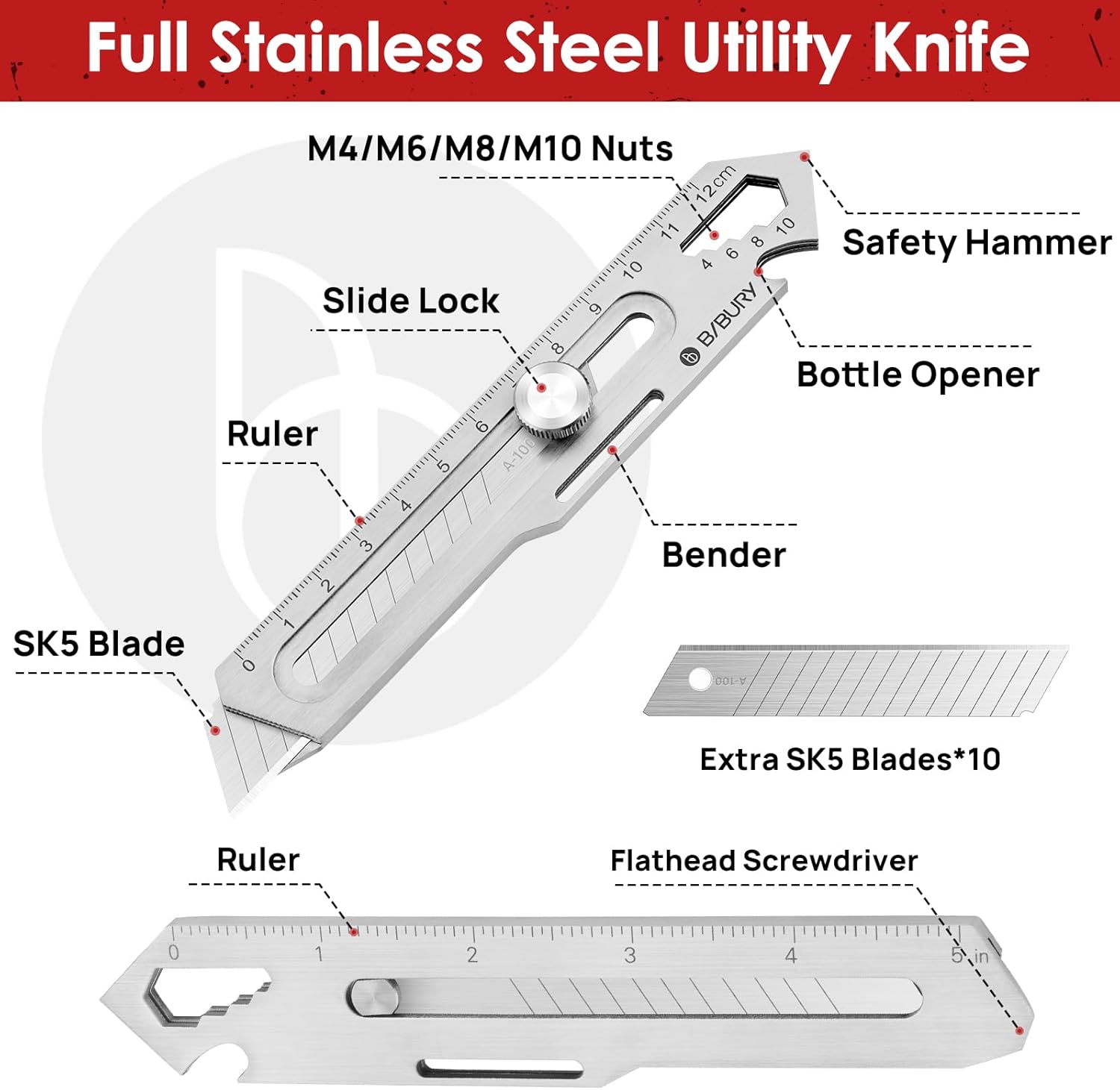 BIBURY 2 Pack Mutipurpose Utility Knife, Heave Duty Full Stainless Steel Retractable Box Cutter with 10PCS replaceable Blades (18mm Wide), Multi-functional Extended Razor Knife for Office, Home,School