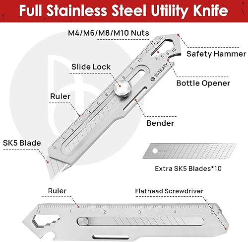 Miniatura 2 de BIBURY Heave Duty - Paquete de 2 cuchillos multiusos, cortador retráctil de acero inoxidable completo con 10 cuchillas reemplazables (0.71 pulgadas