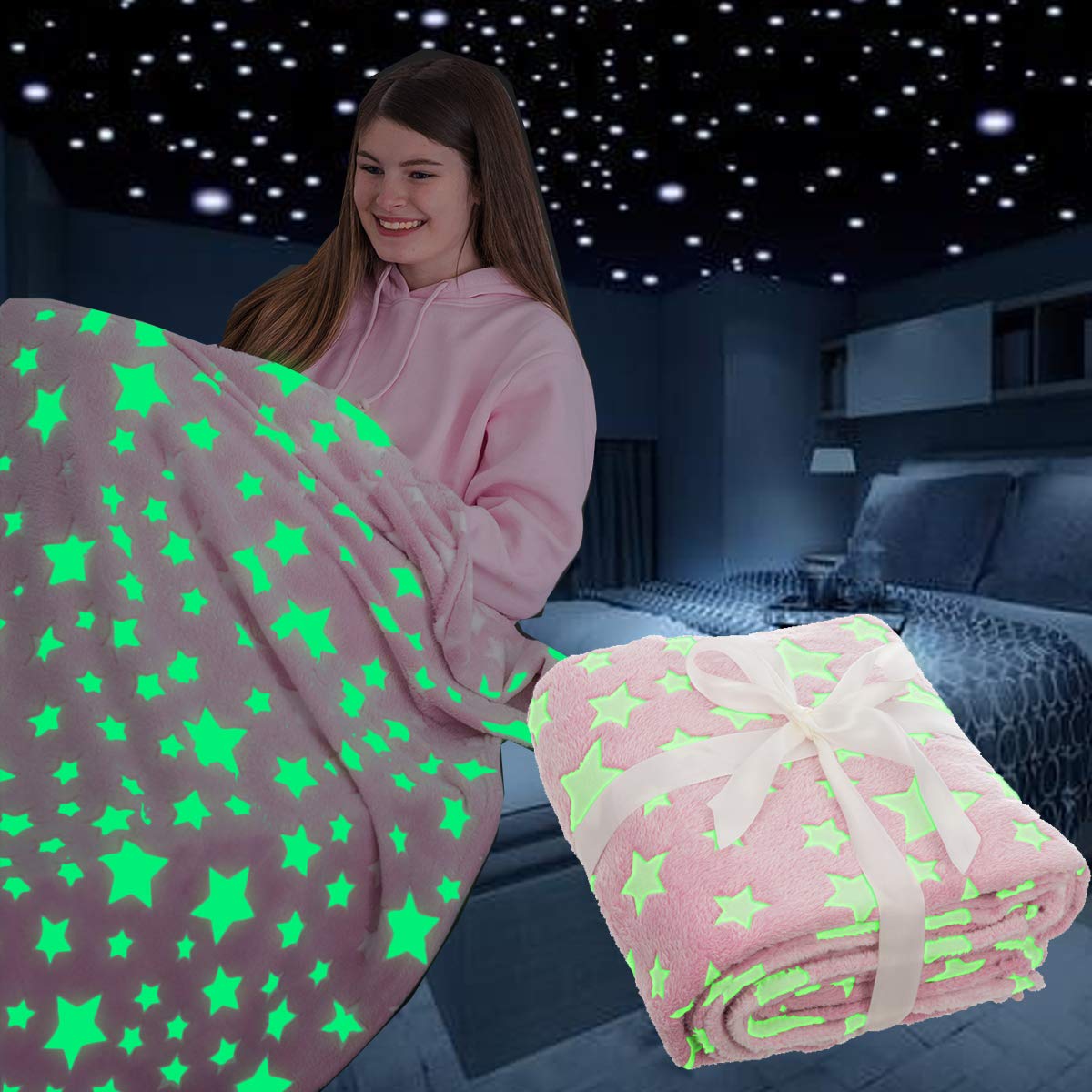 Fineway Girls Stars Pink Glow In The Dark Throw Blanket Flannel Moon Star Unicorn Gifts For Kids Boys Adults Bedroom Cosy Warm Super Soft Plush Fleece Faux Fur (Stars Pink)