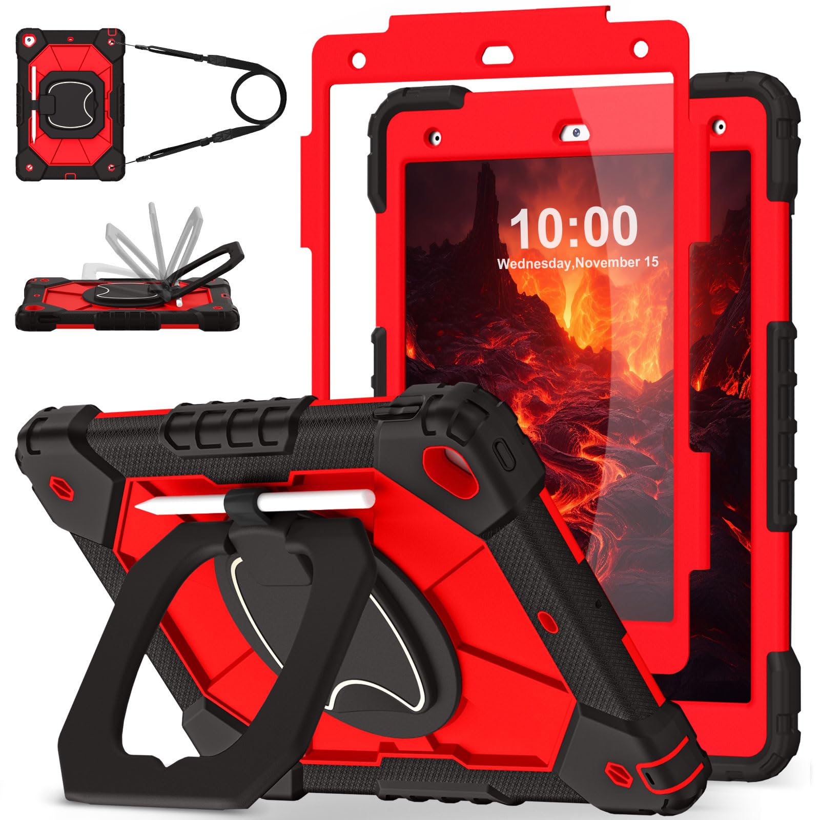 WESOROL Case for iPad 9th/8th/7th Generation 10.2 Inch (2021/2020/2019),Full-Body Drop Protection 9th Generation iPad Case with Rotating Stand Screen Protector Pencil Holder Holde,Black Red
