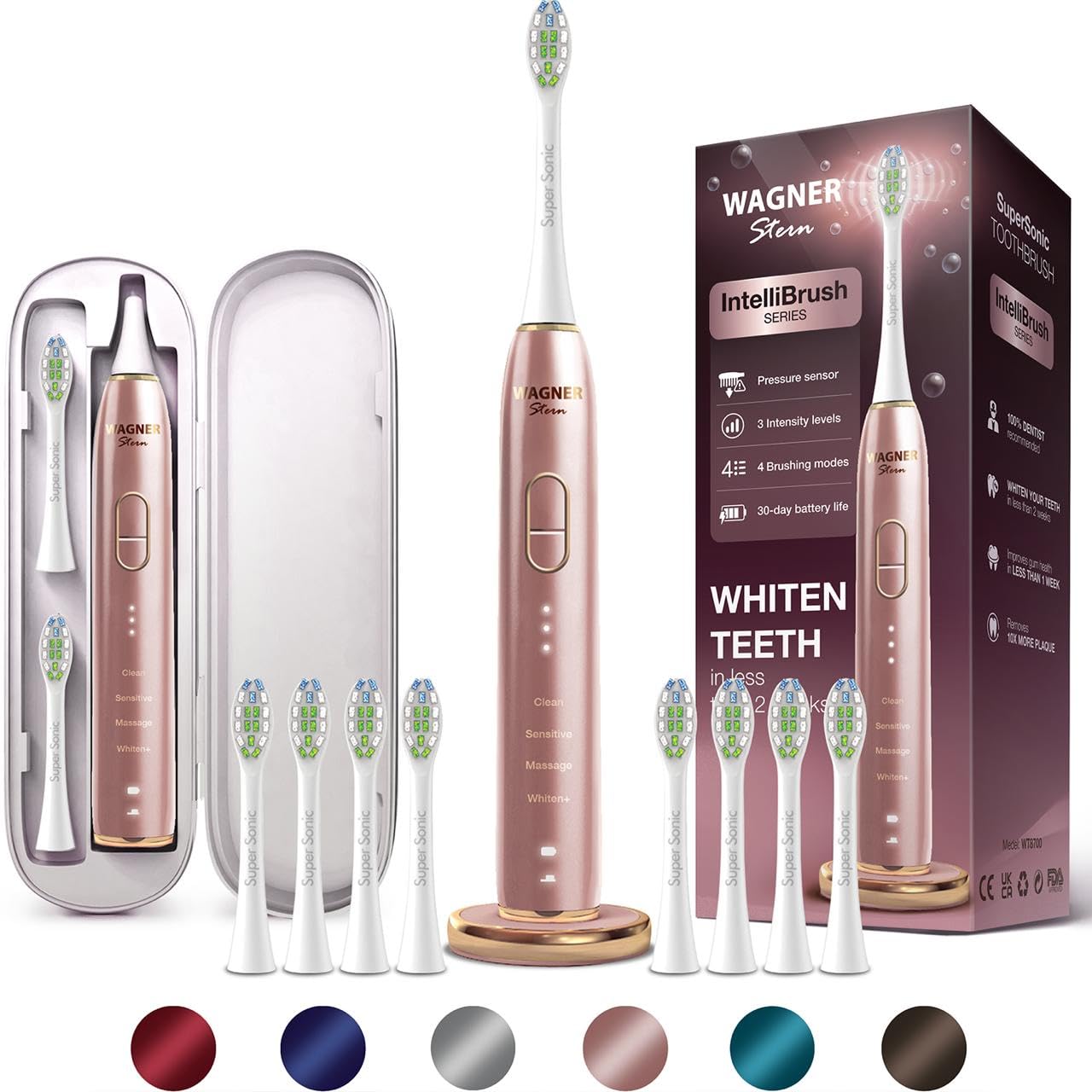 Wagner Stern IntelliBrush Series Whitening Electric Toothbrush with Pressure Sensor. Offers 4 Brushing Modes, 3 intensities, 8 Soft Brush Heads, and a Luxury Travel case. - Rose Blush