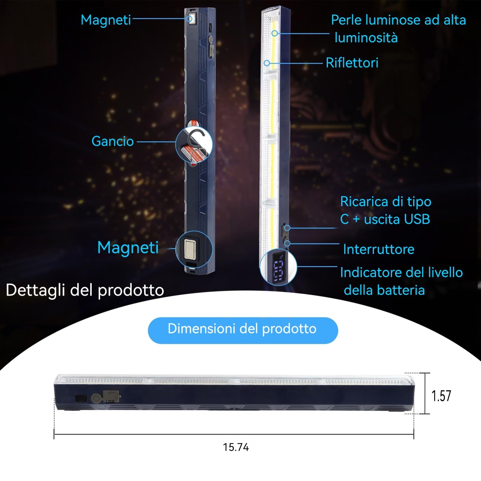 LETOUR Lampada da Lavoro LED Ricaricabile 216 LED, 7500mAh con Magnete e Gancio, Luminosità Regolabile Lampada Officina Portatile, Torcia da Lavoro per Professionisti