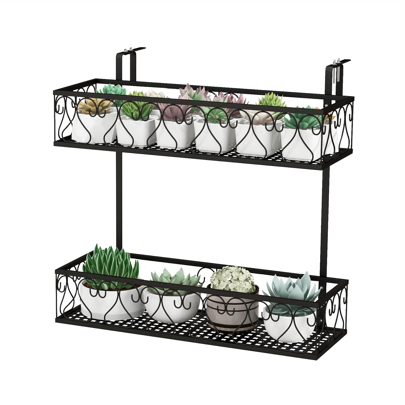 HAPPYGRILL 2-Tier Flower Pot Holder, Hanging Railing Flower Rack with Adjustable Hooks, Metal Potted Plant Container for Patio, Porch & Fence, Easy