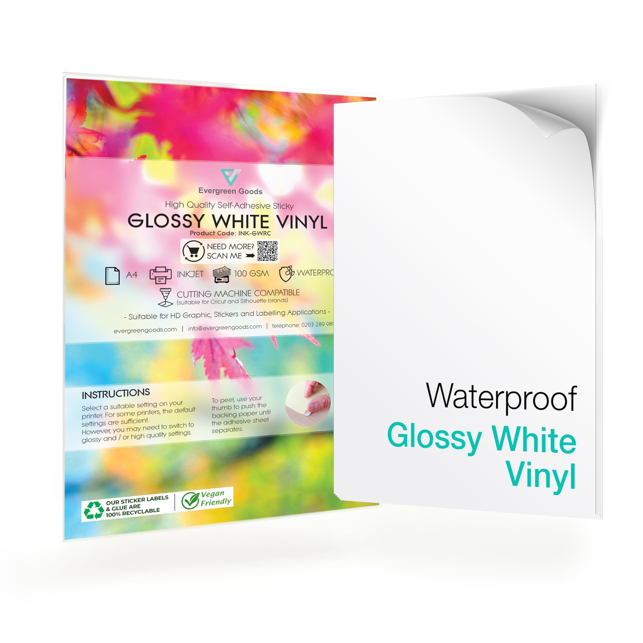 Evergreen Goods Papier Vinyle A4 Blanc Brillant Imperméable Auto Adhésif 100 Feuilles pour Imprimantes Jet d’Encre & Laser