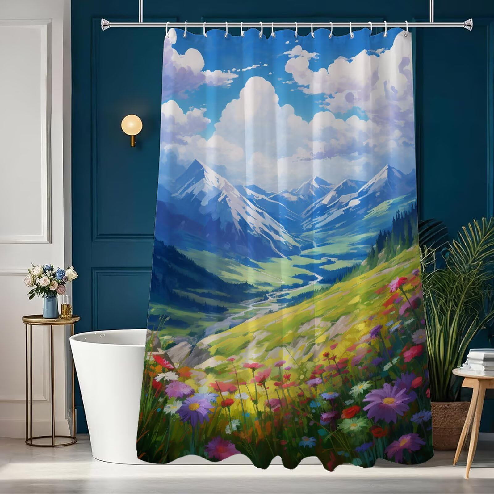 Zasłona prysznicowa z motywem krajobrazu, 200 x 240 cm, wodoodporna, szybkoschnąca tkanina poliestrowa, bardzo długa zasłona prysznicowa z obciążonym dnem i 12 haczykami, nadaje się do prania, zasłona