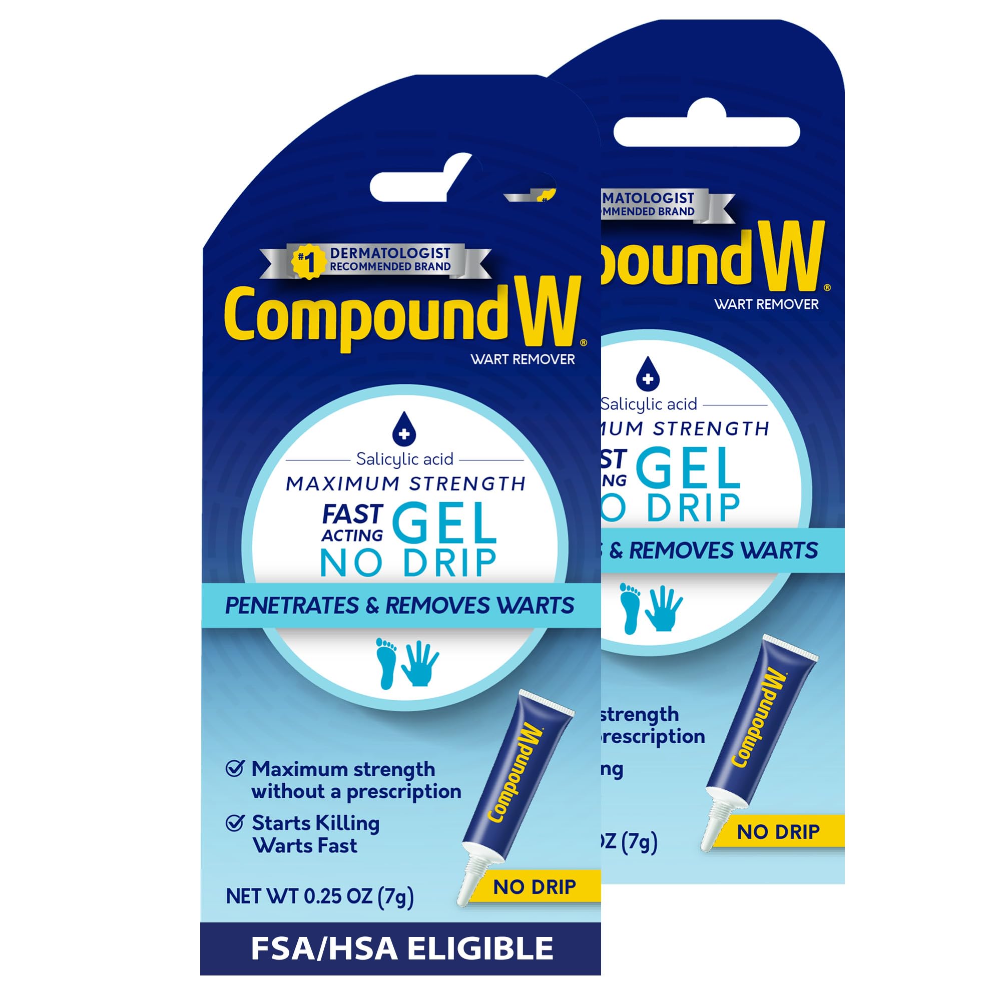Compound W Wart Remover Fast Acting Gel, Maximum Strength Salicylic Acid,0.25oz, Pack of 2
