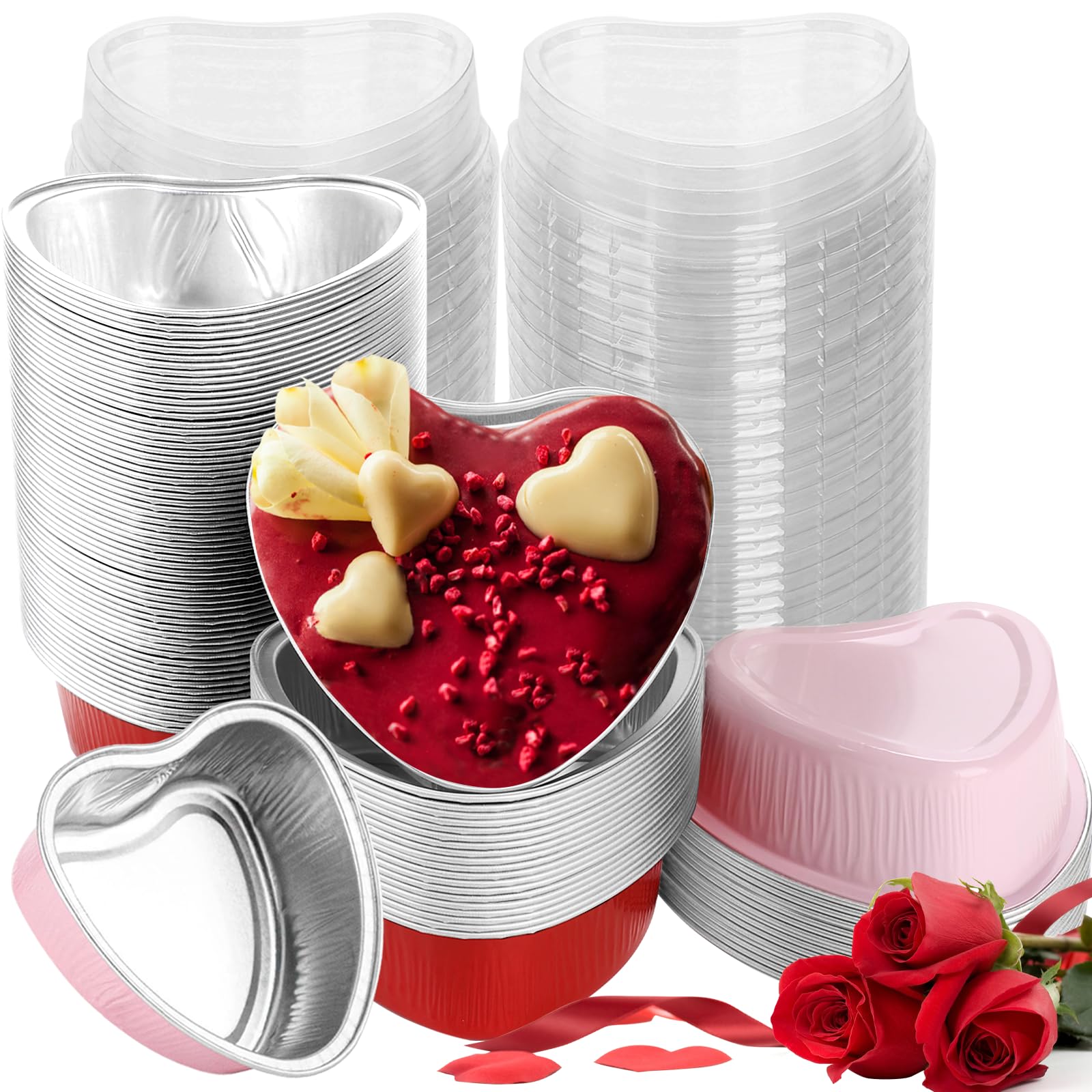 100 moldes para tartas en forma de corazón con tapas, mini moldes de papel de aluminio para hornear cupcakes de 3.4 onzas, recipientes desechables en forma de corazón para el día de San Valentín, día