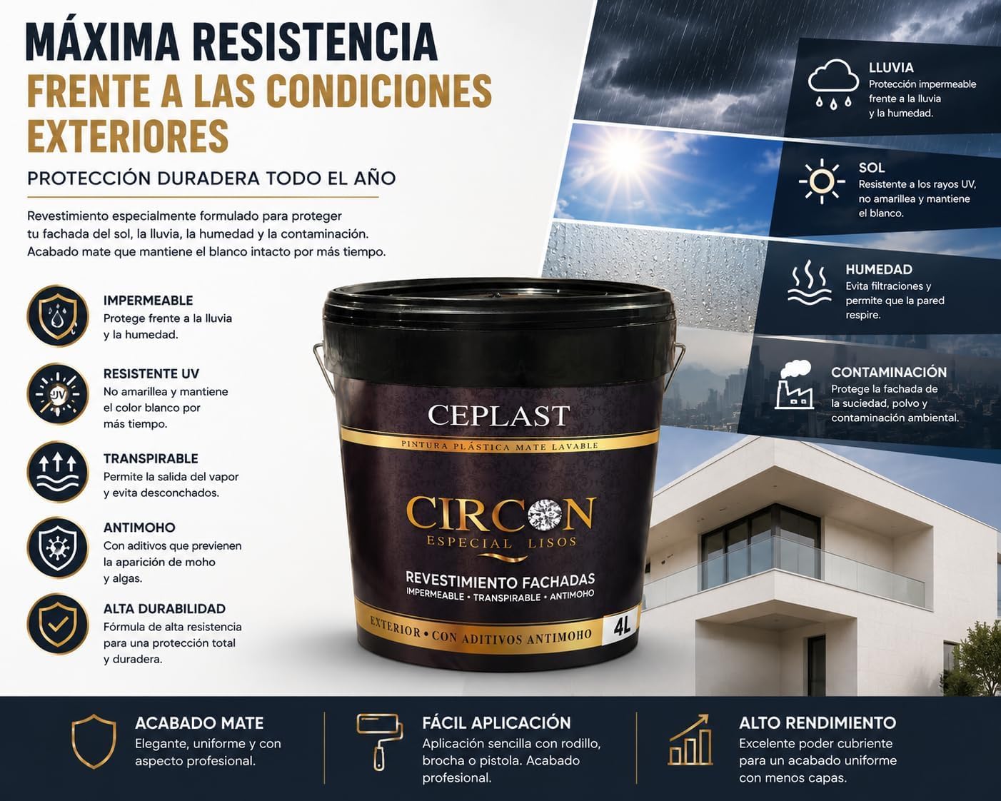 Revestimiento Fachadas Exterior 4L – Pintura Impermeable, Transpirable y Antimoho – Alta Resistencia al Clima y Rayos UV – No Amarillea – Blanco Mate Máxima Cobertura – CEPLAST CIRCON